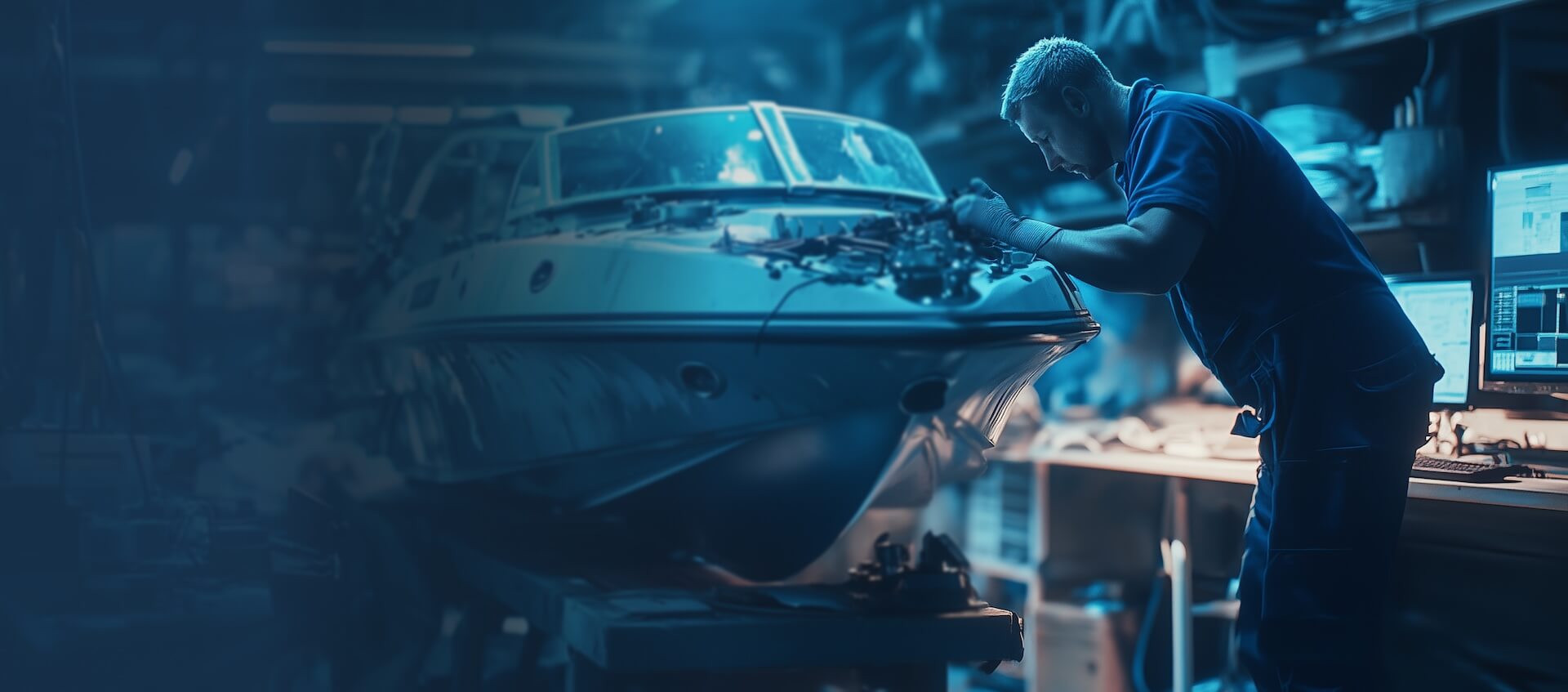 Boat in a boat repair shop with technician working on a boat